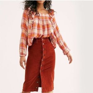 Free People | Siena Plaid Pullover Flannel Long sleeve Pink Ivory Ruffle NEW